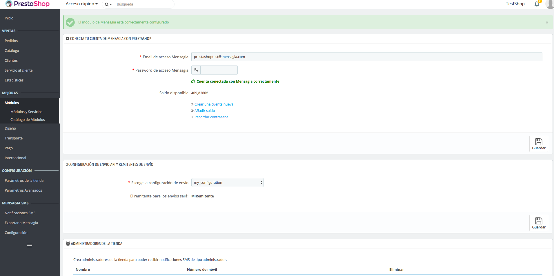 Módulo para Prestashop - Configuración - Mensagia