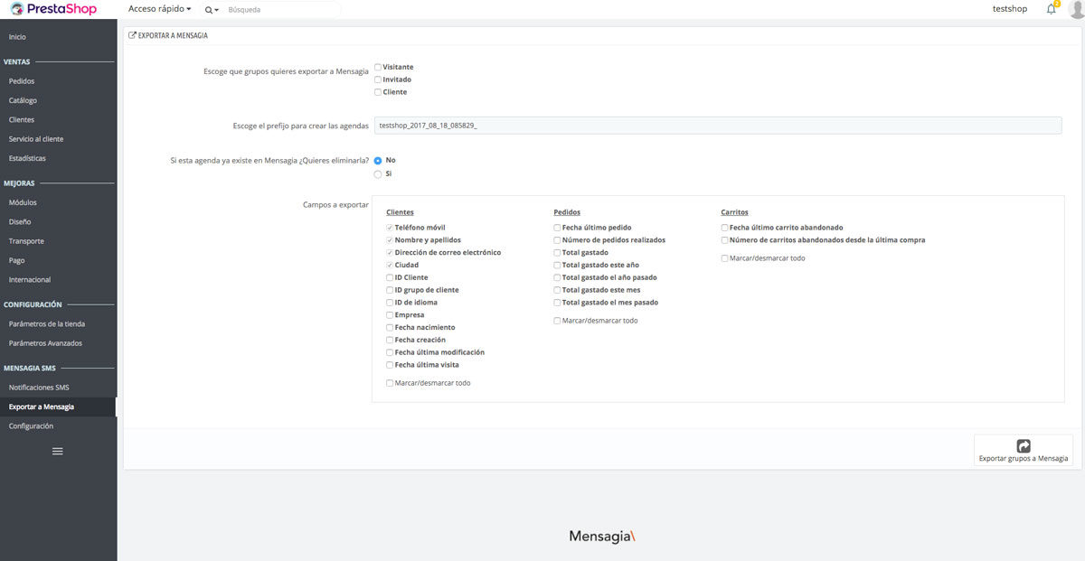Módulo para Prestashop - Exportar usuarios de Prestashop - Mensagia
