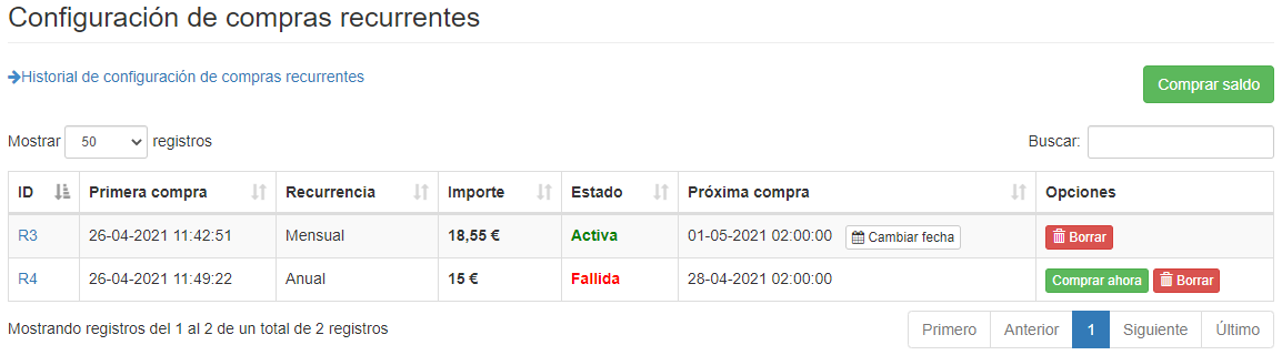Compras recurrentes - Listado configuraciones - Mensagia