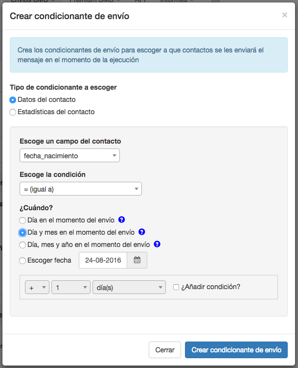 Crear condicionantes de envío Campañas Inteligentes - Mensagia